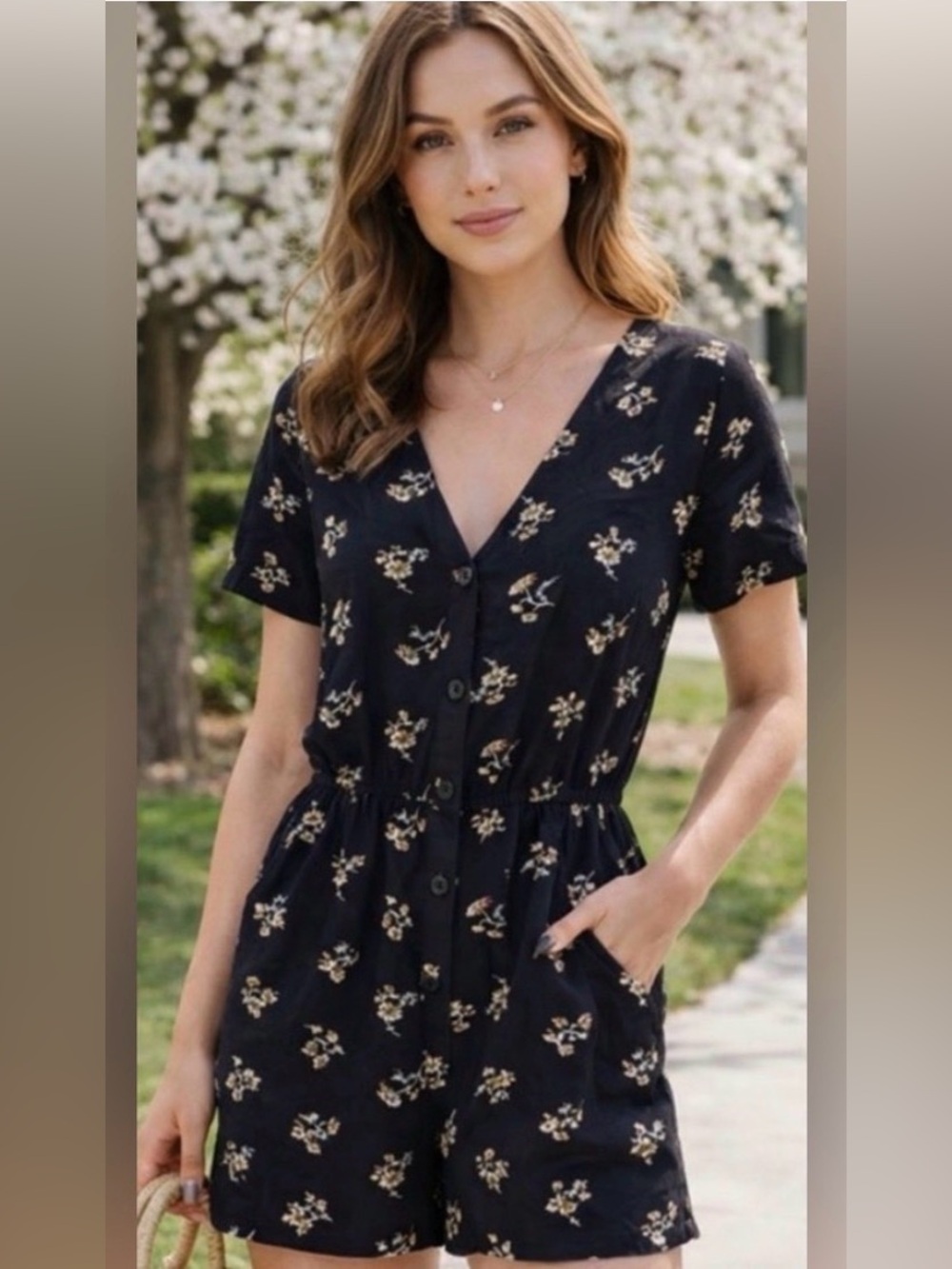Madewell Button-Front Day Romper in Daisies Black Size S
